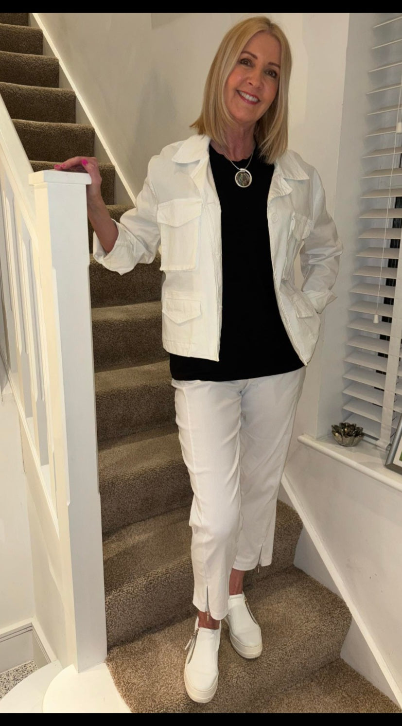 White stretch pants zip detail - Maya Maya Ltd