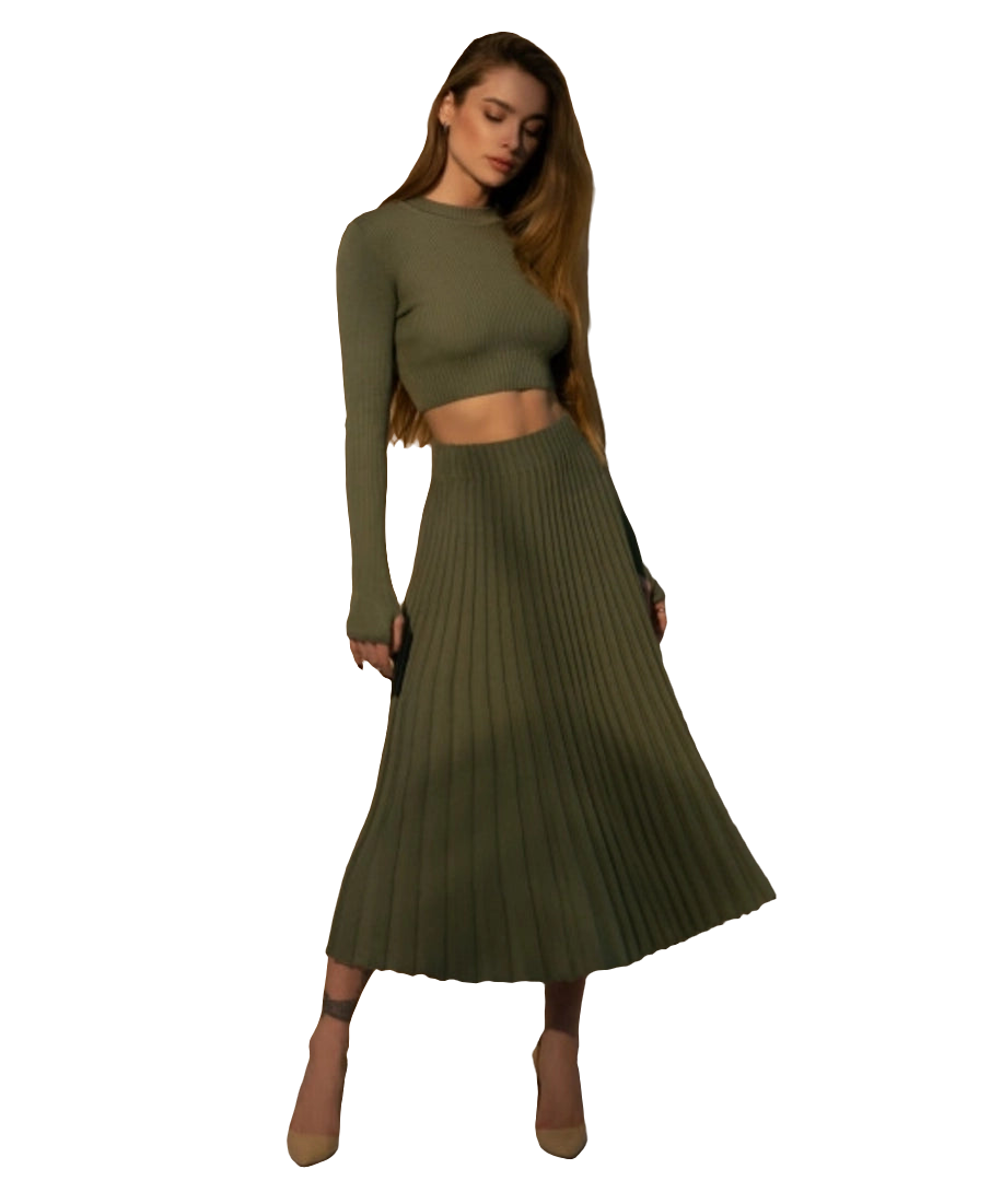 Khaki knit pleated skirt