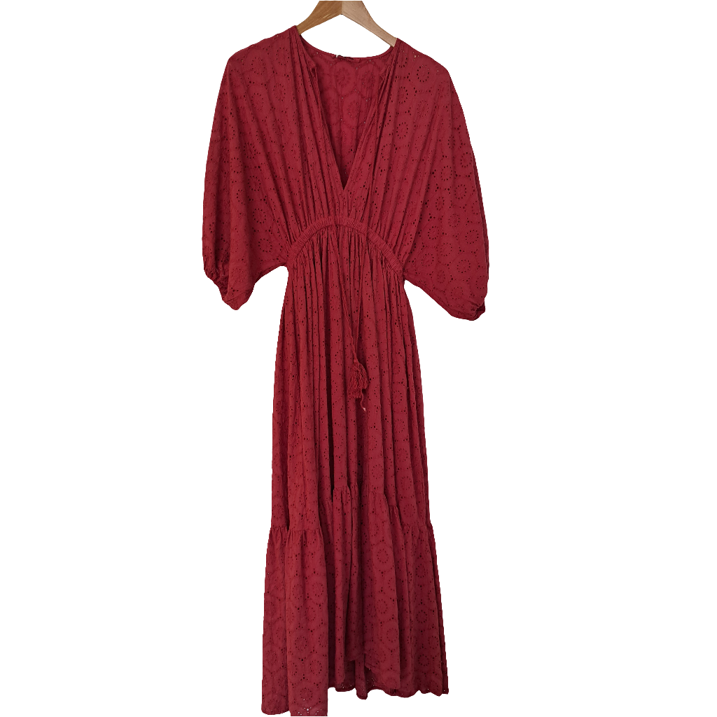 Broderie Anglaise Rust red maxi dress.