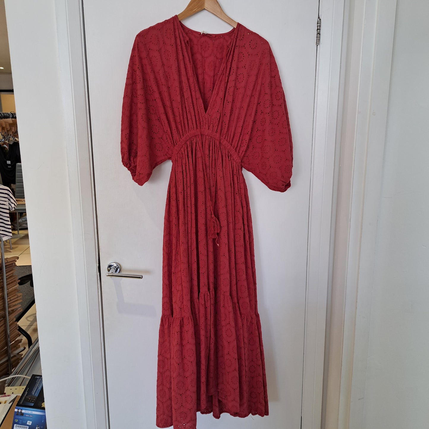 Broderie Anglaise Rust red maxi dress.