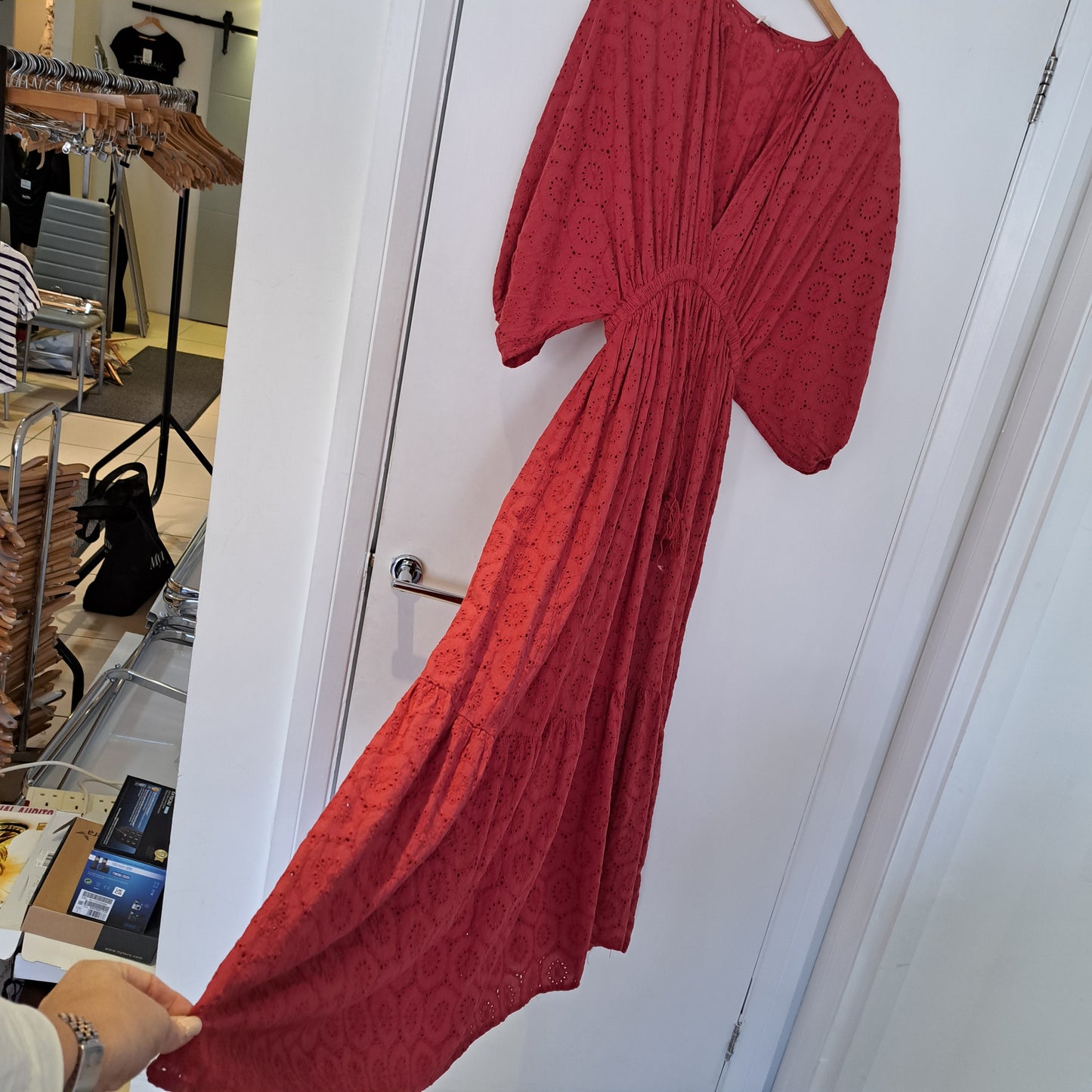 Broderie Anglaise Rust red maxi dress.